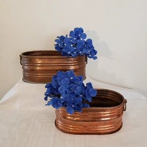 Vintage Set Kupfer Pflanzgefäße mit Messinggriffen oval handgefertigt schön! - Bild 1 von 10