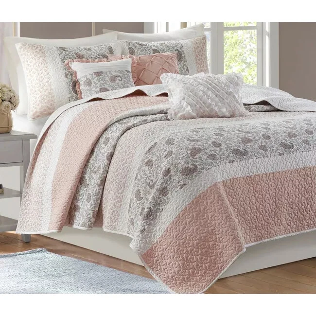 NEW! ~ COZY SHABBY CHIC FRENCH COTTAGE PINK WHITE RUFFLE GREY COUNTRY QUILT SET - Image 1 of 4