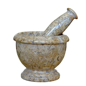 Mortaio con Pestello in Marmo Marrone Fossile Marble Mortar Design Home Ø 10cm - Picture 1 of 4
