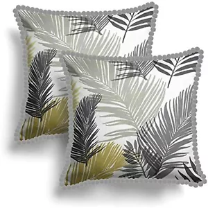 Set of 2 Yellow & grey Palm Leaf Pom Pom trim Cushion Covers 17"sq 43cm x 43cm - Picture 1 of 6