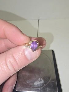 14k Yellow Gold Womans Ring Amethyst Teardrop Diamonds - Picture 1 of 9