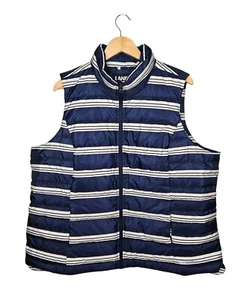 LANDS END Womens Puffer Vest Down Feather 600 Fill Blue White Stripe Plus 1X NEW - Picture 1 of 12
