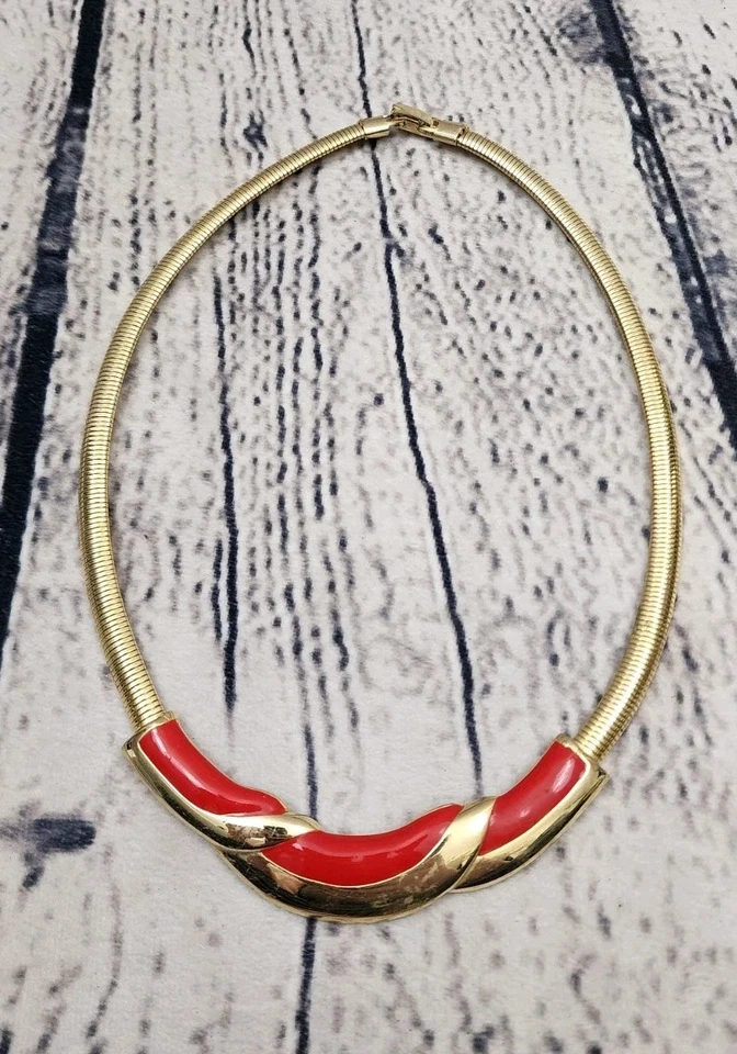Vintage 80s Red Enamel Gold-Tone Serpentine Choker Collar Necklace 16 MAXIMALIST Foto 1 de 1