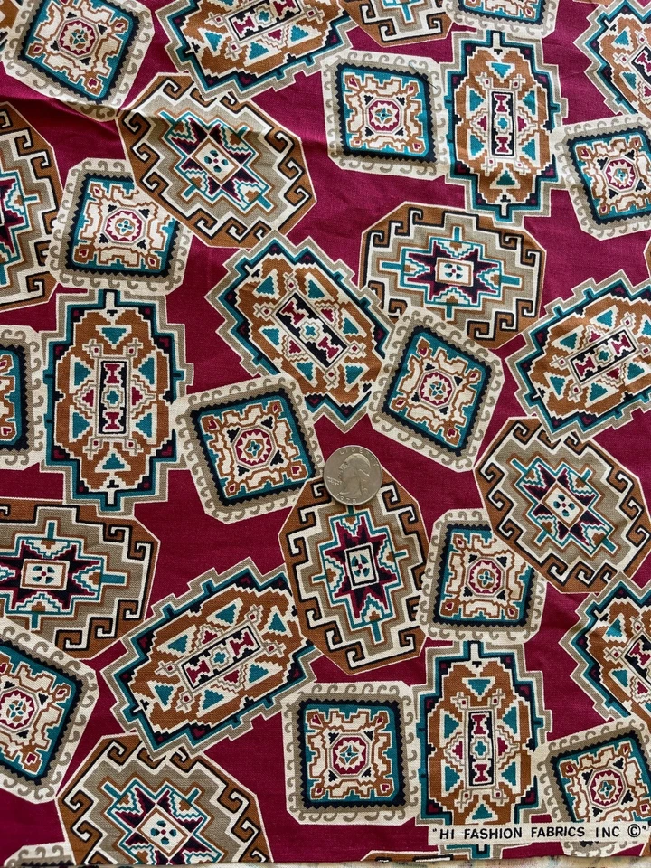 SOUTHWEST ABSTRACT GEOMETRIC TRIBAL BURGANDY  100% cotton fabric material - Image 1 of 1