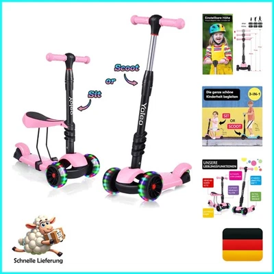 3-in-1 Kinder Roller Scooter mit Abnehmbarem Sitz, LED große Räder, Höheverst... - Bild 1 von 4