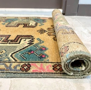2x4 ft Vintage Amber Rug, Turkish Oushak Small Rug, Handmade Wool Rug, Door Mat - Picture 1 of 10