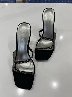 NINE WEST SUEDE RHINESTONE BLACK ULTRA SEXY STILETTO SANDALS 8M - Image 1 of 4