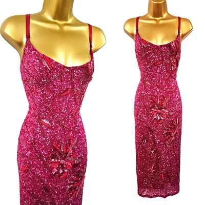 UK 12 KAREN MILLEN Vintage Bright Red Sequin Beaded Power Flower Bodycon Dress - Image 1 of 4