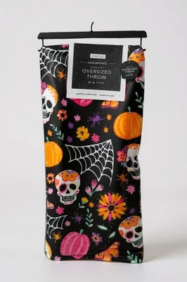 Envogue 扔毯柔软毛绒抓绒万圣节头骨蜘蛛网南瓜全新带标签 — 第 1/3 张图片