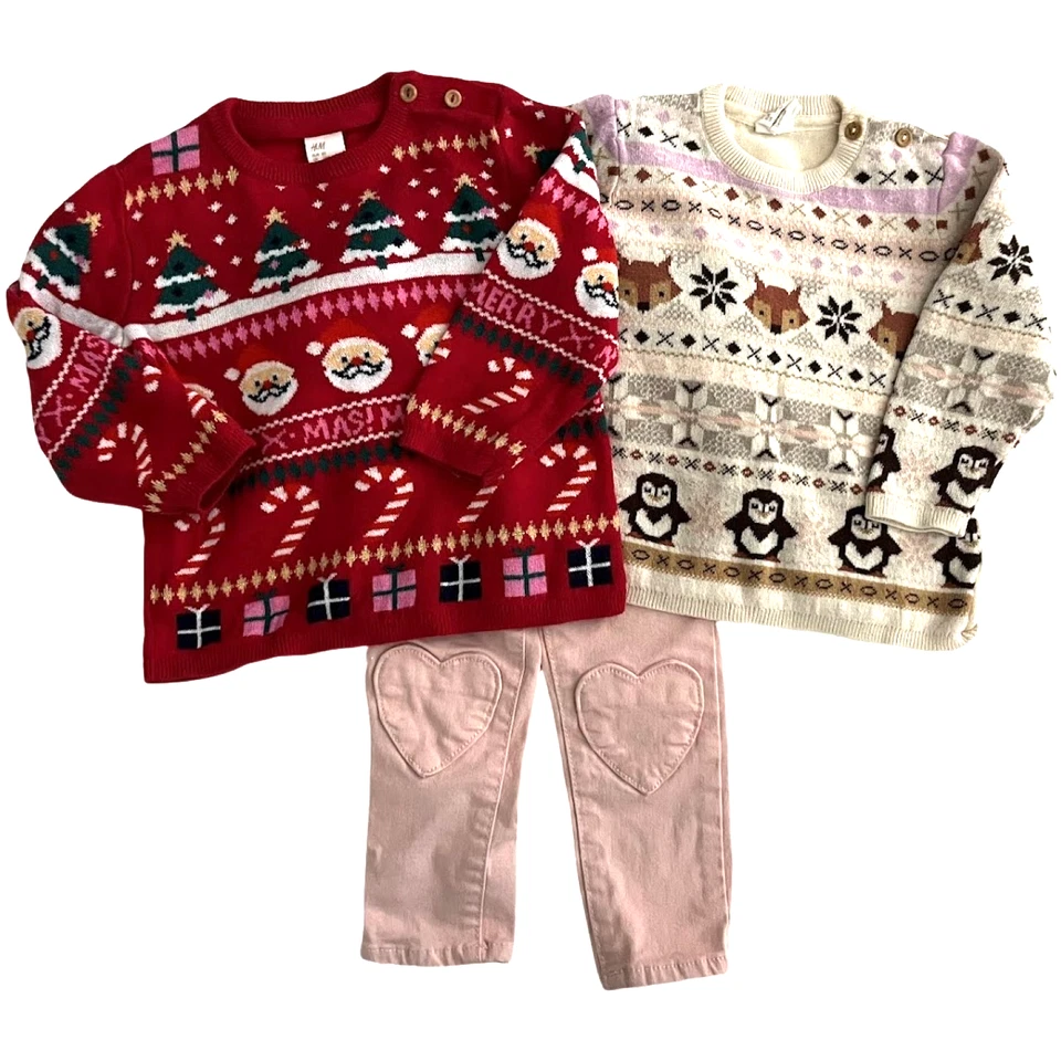 Conjunto de 3 piezas de traje de vacaciones H&M niña 12 Mos suéter rosa jean pantalones Santa nieve lote Foto 1 de 4