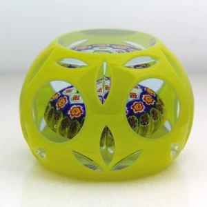 Vintage Millefiori & Faceted Yellow Overlay Etched Bottom Paperweight ca. 1970's - Picture 1 of 10