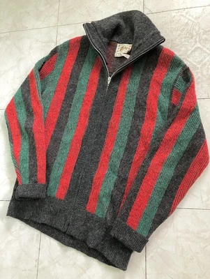 Vtg 1960's BOLD Striped Zipper Sweater Sz S Cobain Rockabilly Mohair Wool Shaggy - Image 1 of 4