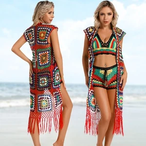 Sleeveless Shrugs Crochet Open Cardigan Bikini Tong Top & Hot pants 4 Piece Set - Picture 1 of 11