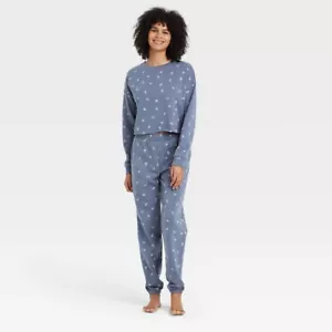 Women's Floral Print Cropped Fleece Lounge Sweatshirt - Colsie Blue XS - Picture 1 of 1