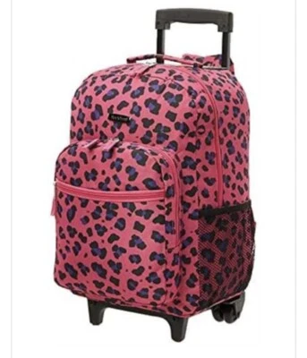 Rockland Double Handle Rolling Backpack, Magenta Leopard, 17"x13"x10" MSRP $80 - Image 1 of 4