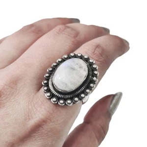 NATURAL RAINBOW MOONSTONE 925 STERLING SILVER HANDMADE HUGE ANTIQUE WOMENS RING - Picture 1 of 8