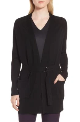 NUEVO HUGO BOSS Fosta Chaqueta Suéter de Lana con Cinturón en Negro - Talla L #S5574 Foto 1 de 4