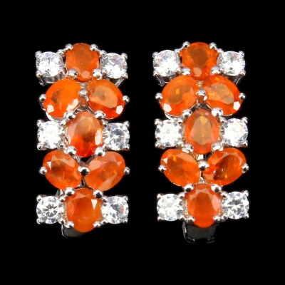 925 Orecchini Argento Sterling Ovale Arancione Fuoco Opale Non Scaldato Gemma - Immagine 1 di 4