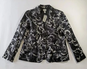 Chico's 2 Women Dressy Blazer Suit Jacket Size L Black Silver Silk Pearl Buttons - Picture 1 of 12