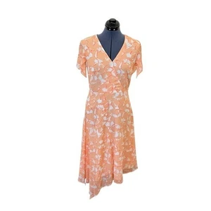 DKNY Pink And White Art Deco Floral Print Surplice Asymmetrical Midi Dress 6 - Picture 1 of 12