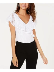XOXO Womens White Lace Zippered Overlay Flutter Sleeve Evening Body Suit Top S - Picture 1 of 3