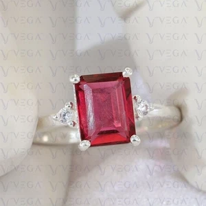 4.20Ct Emerald Shape Natural Ruby Diamond Three Stone Ring 950PT Platinum Plated - Picture 1 of 16