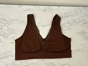 Unbranded Brown Sports Bra Women's Sz L Lightly Padded Elastic Crochet Fringe W1 - Picture 1 of 4