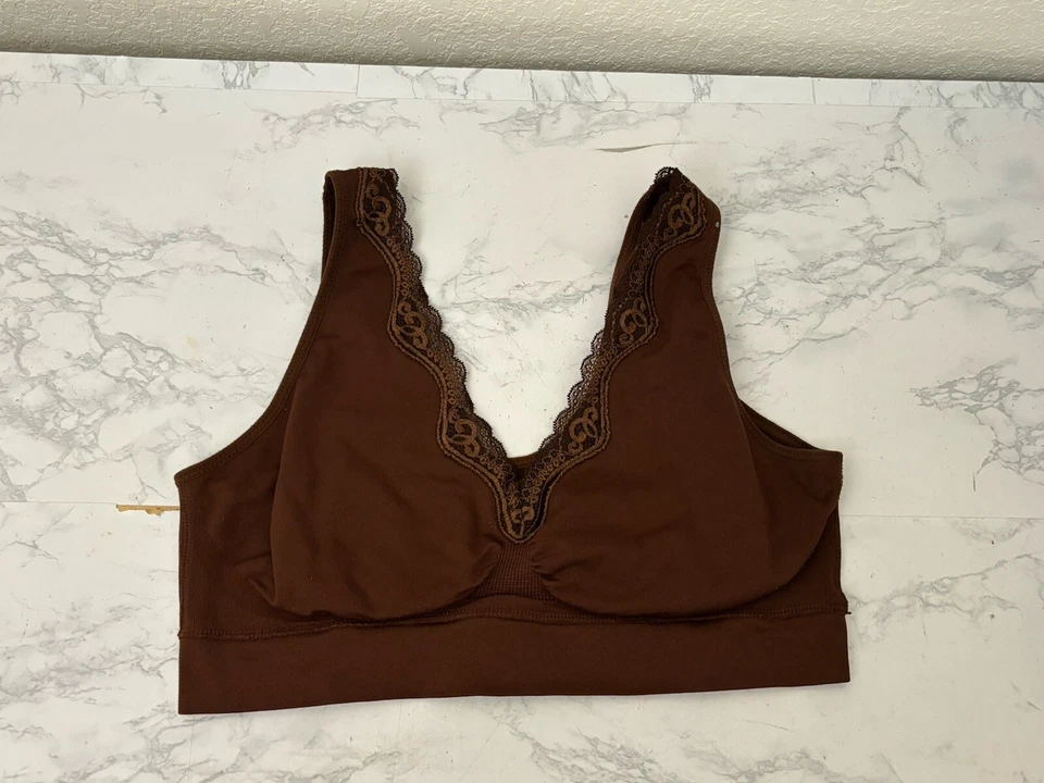 Sujetador deportivo marrón sin marca para mujer talla L ligeramente acolchado flecos de ganchillo elástico W1 Foto 1 de 4