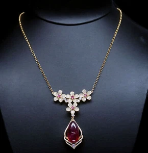 Heated 12X23mm. Red Ruby Tourmaline Cubic-Zirconia Necklace Silver 925 Sterling - Picture 1 of 4