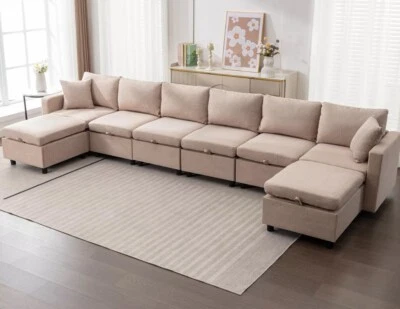 Sofá seccional grande nuevo sin usar tela de lino beige. Sofá cama modular Foto 1 de 4