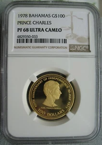 1978 Bahamas Gold 100 Dollars NGC PF-68 Ult.Cameo Prince Charles  - Picture 1 of 3