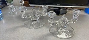 Double Arm Fostoria Glass Candelstick Holders Pair Etched Bases - Picture 1 of 4
