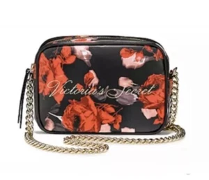 Victoria's Secret Red & Black Floral w/Gold-Tone Heavy Chain Crossbody Bag Purse - Picture 1 of 10