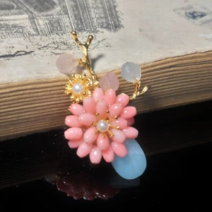 Broche D13 rama dorada perlas rosadas en amazonita - Imagen 1 de 4