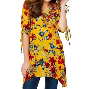 GORGEOUS NEW JOE BROWNS OCHRE YELLOW MIX FLORAL BOHO TUNIC TOP UK 16 - Picture 1 of 10
