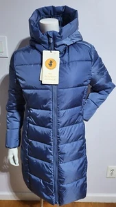 NUOVO SAVE THE DUCK GIACCA DONNA TAYLOR CON CAPPUCCIO PUFFER ULTRALEGGERO BLU TAGLIA S - Foto 1 di 4