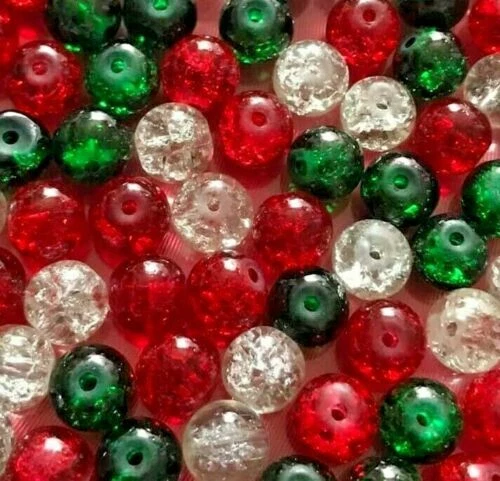 Christmas Bead Mix Glass Crackles Red Green Clear Festive 4mm 6mm 8mm - Image 1 of 1