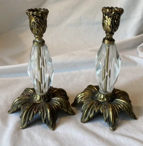 Vtg Pair Solid Brass Glass Pedestal Candlestick Holder Leaves Holleywood Regency - Picture 1 of 11