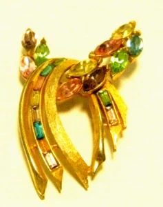Vtg Gold Tone Brooch w/ Multicolored Stones 3" x 1 3/4" - Picture 1 of 2