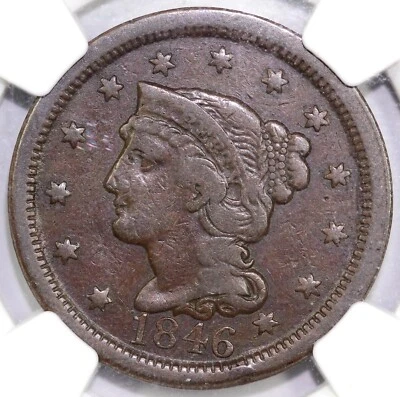 1846 1c Tall Date N-25 Braided Hair Large Cent NGC VF 20 BN - Image 1 of 4