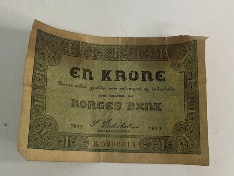 Antique Norway Norwegian paper money en krone 1917 norges bank Cover