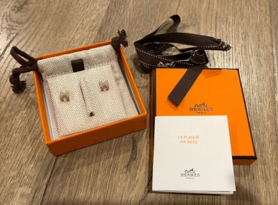 New HERMES Mini Pop H Earring Marron glacé  Grey Rose Gold Hardware RGHW - Image 1 of 3