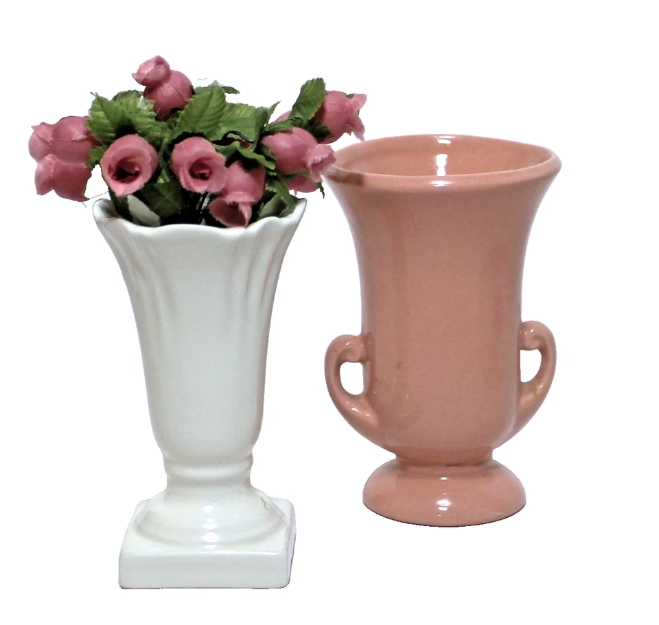 Juego de 2 jarrones pequeños de cerámica rosa y blanco para urna y trompeta Foto 1 de 4