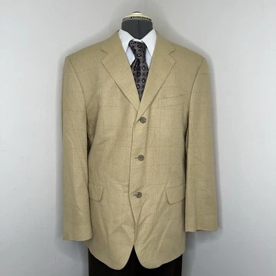 JNY Mens Blazer Sport Coat Suit Jacket 42R 46" Beige 3 Button Silk Wool Check - Image 1 of 4
