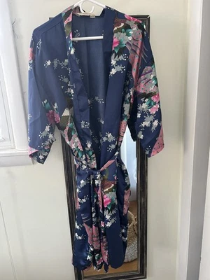 Сингапур шелк винтажная коллекция темно-синий павлин цветочный кимоно халат один размер - Изображение 1 из 4
