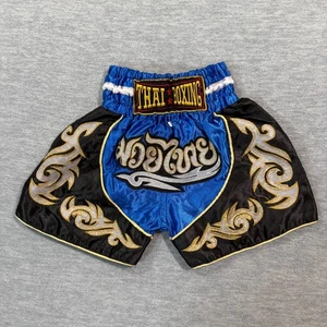 Muay Thai Shorts Youth Black Blue Satin Kickboxing Embroidered Thai Boxing - Picture 1 of 8