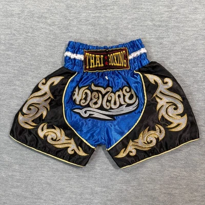 Muay Thai Shorts Youth Black Blue Satin Kickboxing Embroidered Thai Boxing - Image 1 of 4