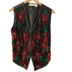 Scala Vintage Black 100% Silk Shiny Sequin Pointsetta Christmas Vest Size XL - Picture 1 of 6