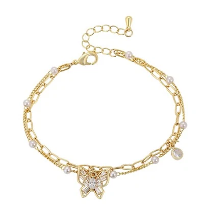 Elegante pulsera con dije de mariposa cadena doble capa chapada en oro de 14K para mujer. Foto 1 de 4