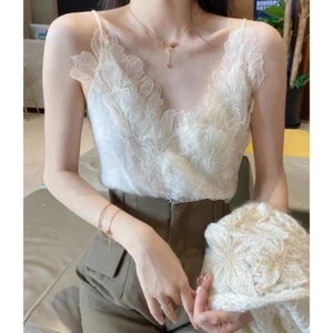 Women's Mesh Lace Stitching Inside Knitwear V-neck Camisole Bottoming Shirt Top - Picture 1 of 14